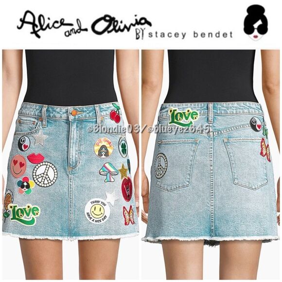 Alice + Olivia good high rise patch A-line denim skirt 29 - Picture 1 of 6